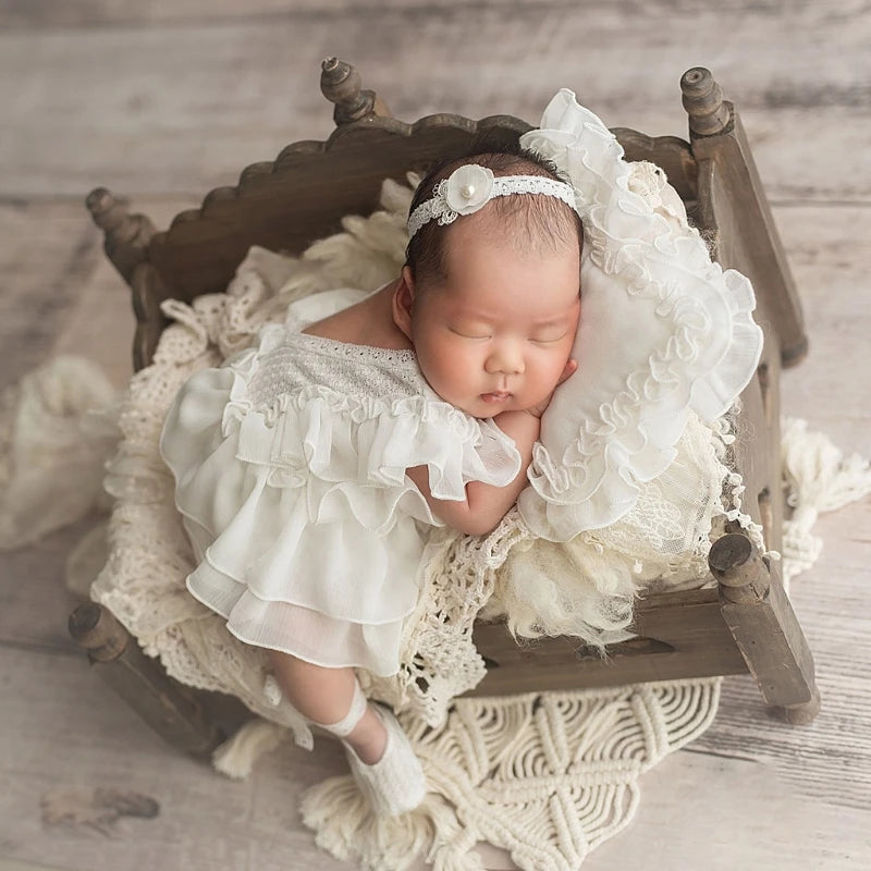 5Pcs Baby Lace Dress+Hat+Pillow+Shorts+Shoes Set Photography Props