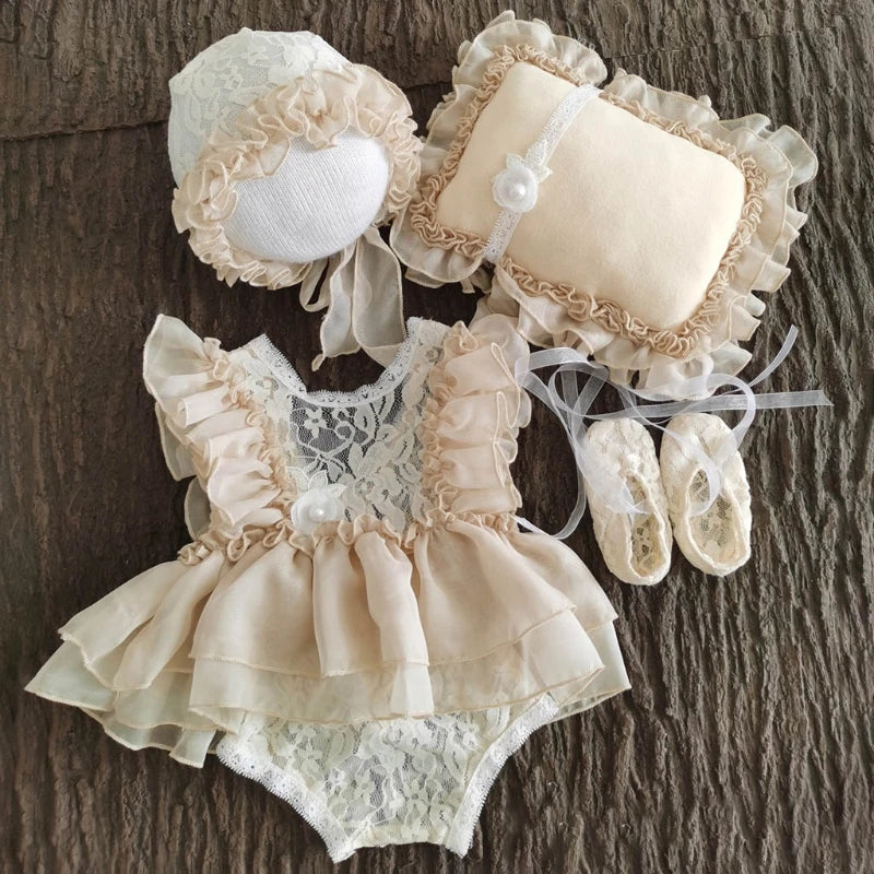 5Pcs Baby Lace Dress+Hat+Pillow+Shorts+Shoes Set Photography Props