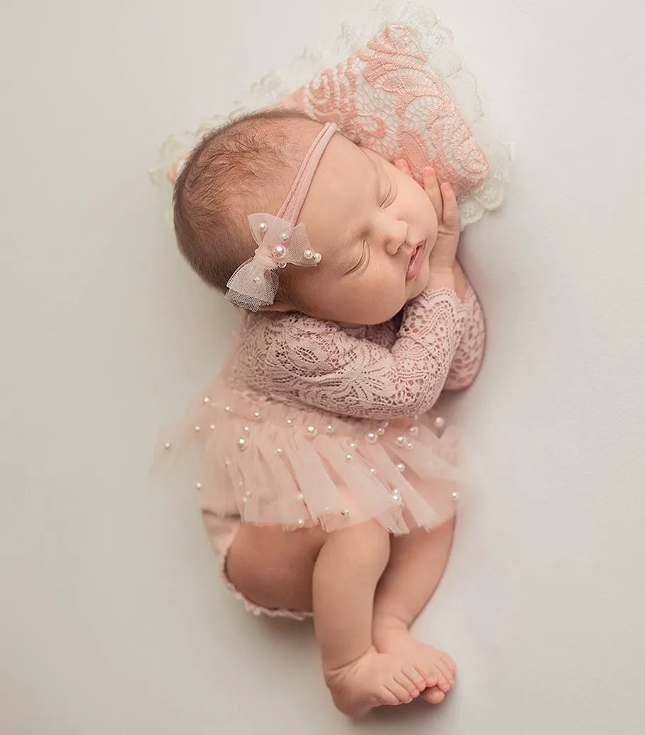 2 Pcs/Set Baby Girl Clothes Newborn Photography Props Lace Romper Jumpsuit Headbands Accessories Set for Photo Shooting Outfits