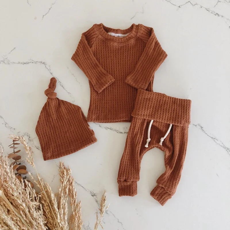 3pcs Infant Newborn Baby Warm Waffle Bodysuits+elastic Pants