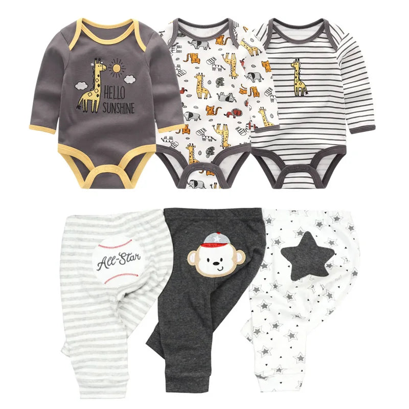 100% Cotton Bodysuits+Pants Sets 6/8Pieces Newborn
