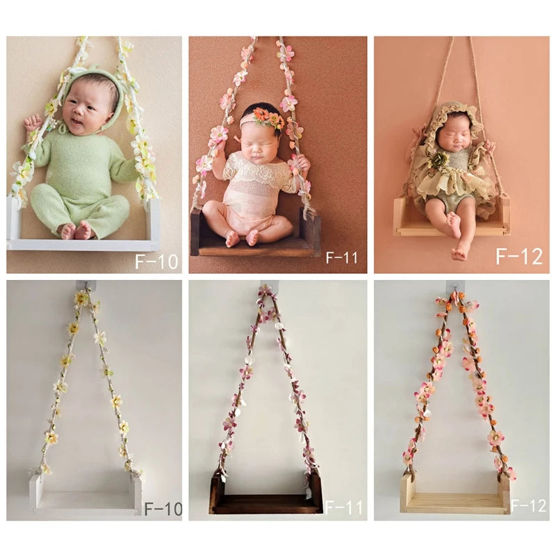 Newborn Photography Props Wooden Swing with Flower Vine