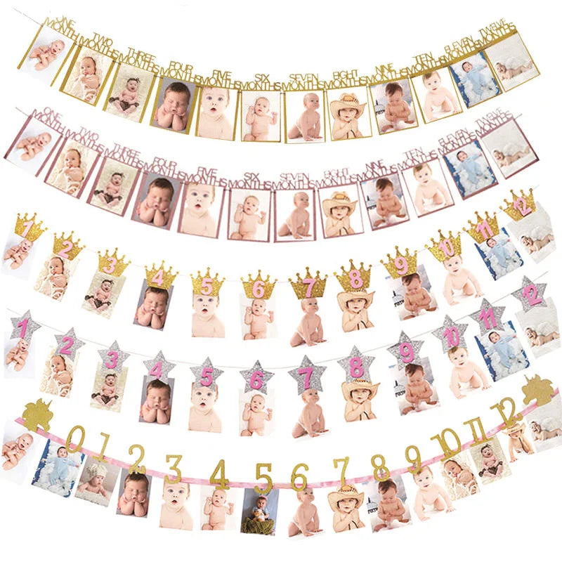 12 Months Photo Frame Banner First Happy Birthday Party Decorations
