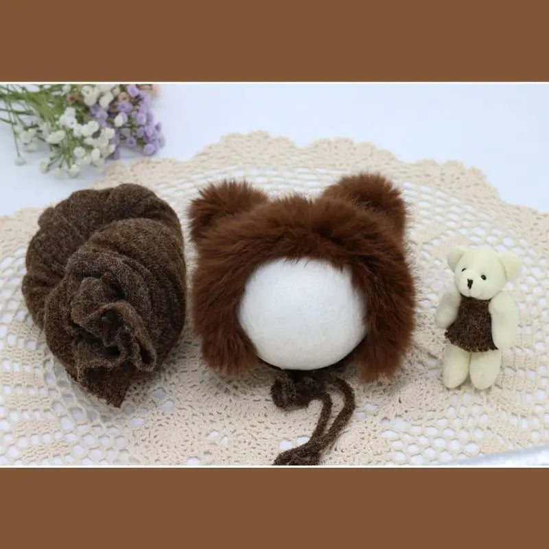3 Pcs/set Newborn Photography Prop Fluffy Stretch Knit Wrap with Cute Rabbit Fur Hat Teddy Bear Toy Baby Blanket Costume