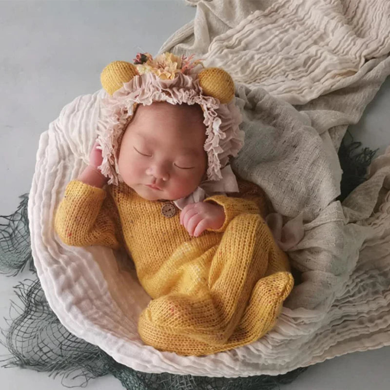 4pcs/set Baby Flower Hat Jumpsuit Romper Pillow Bear Doll Photo Props