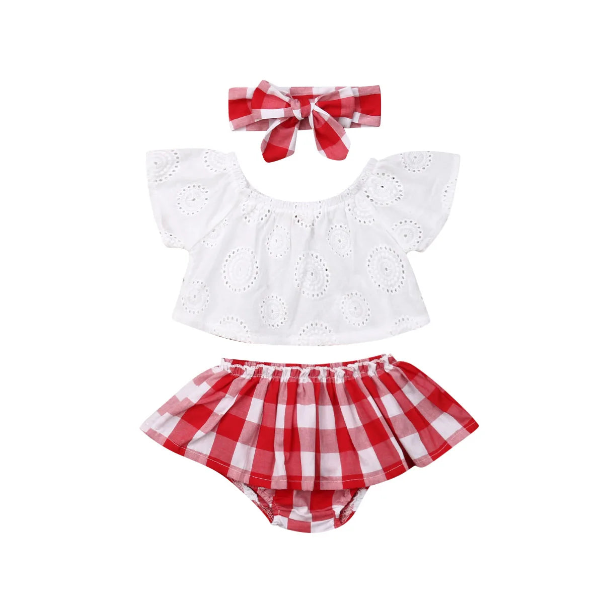 3Pcs Set 0-24M Summer Off Shoulder Tops+ Red Dress Headband Outfit