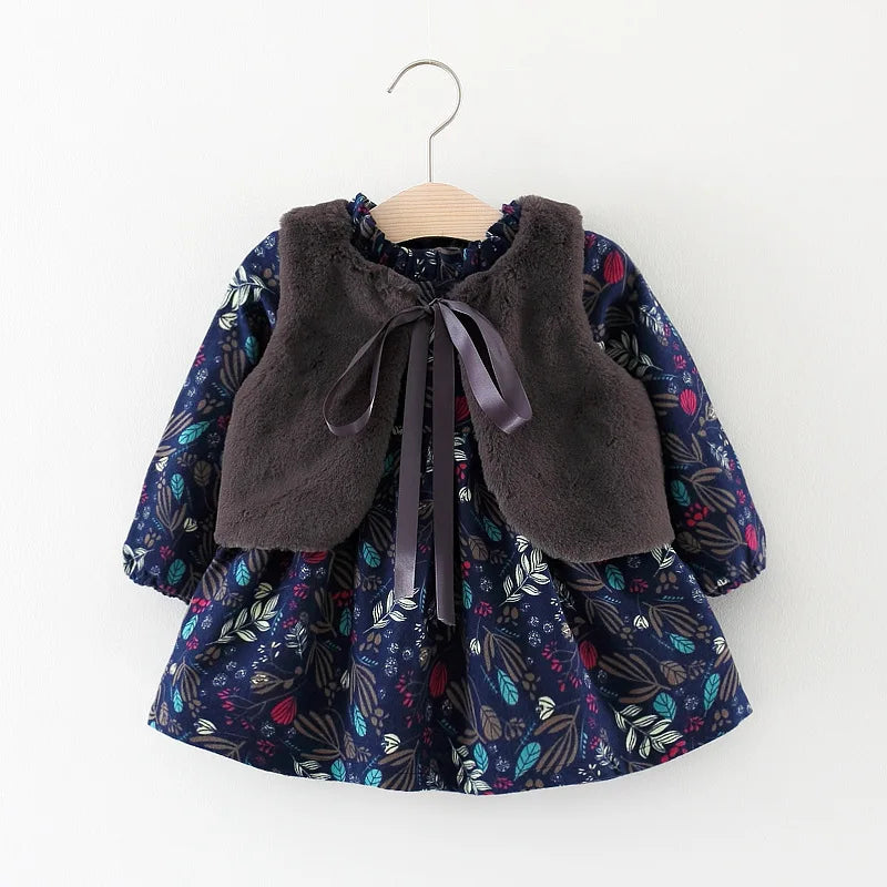 Fur Vest+Princess Party Flowers Velvet Dress