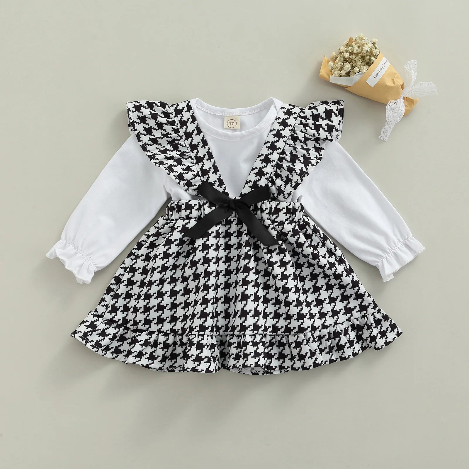 2PCS Baby Girls Clothing Set Girls Solid Long Sleeve Bodysuit Top+Plaid Suspender Skirt Infant Cute Outfits Newborn Clothes Sets