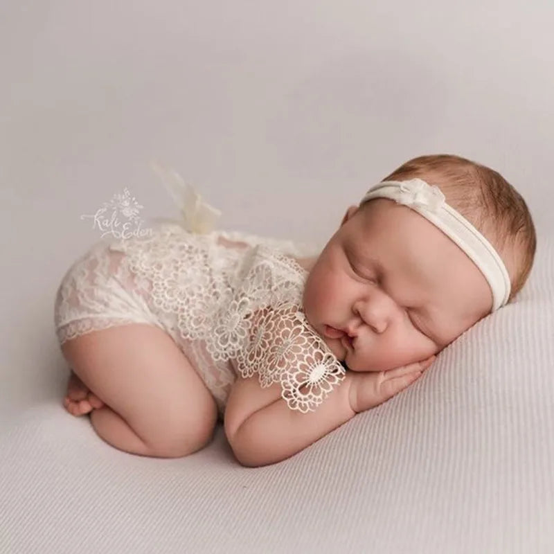 0-1Month Newborn Photography Prop Baby Headband Lace Romper Bodysuits Outfit Infand Girl Dress Costume Photo Shooting Clothing