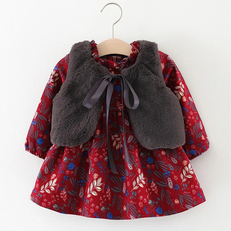 Fur Vest+Princess Party Flowers Velvet Dress