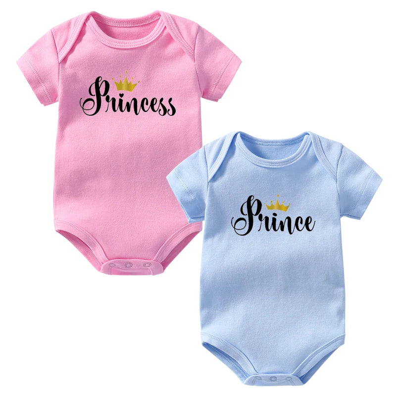 Prince Princess Printed Newborn Twins Bodysuits Cotton Outfits