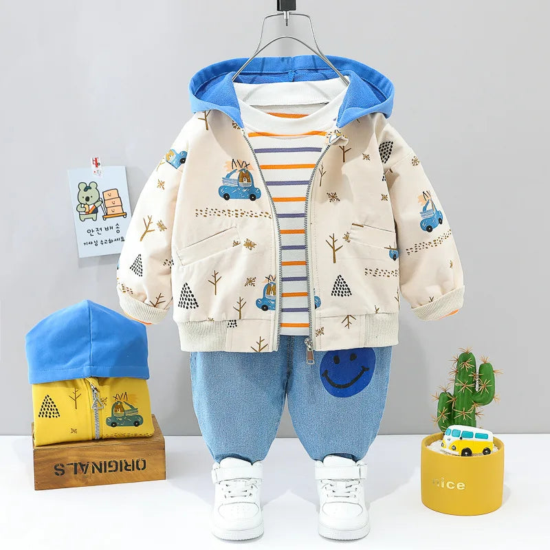 0-4 years Cute car baby suit striped three-piece sports suit