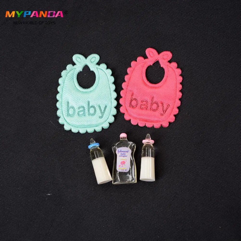 1set 1:12 Dolls House Miniature Baby Bottles Shampoo Bibs Set