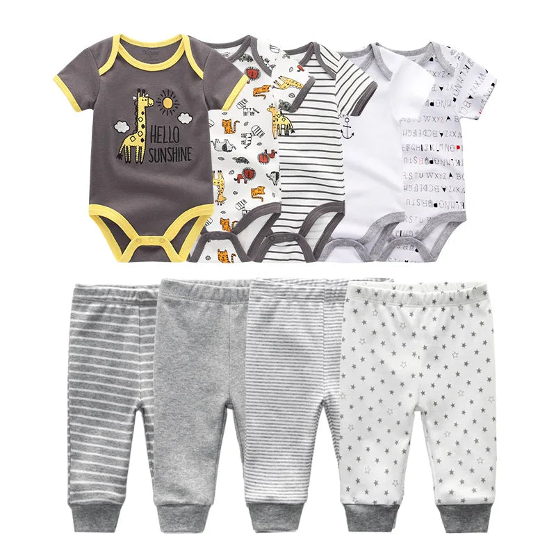 6/9/10Pieces Baby Cartoon Bodysuits+Pants Unisex Cotton