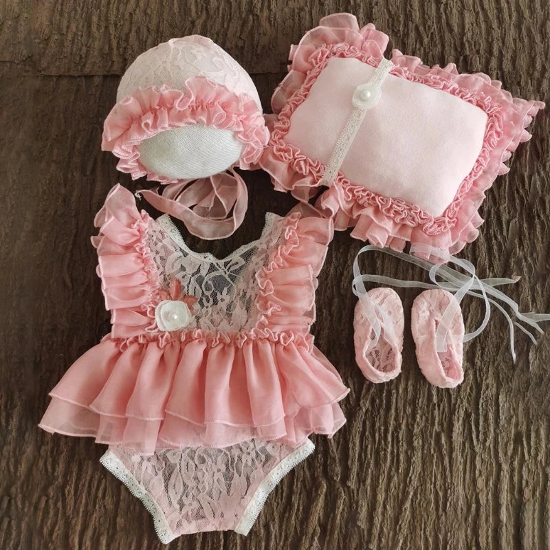 5Pcs Baby Lace Dress+Hat+Pillow+Shorts+Shoes Set Props