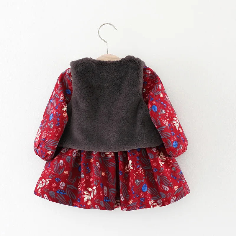 Fur Vest+Princess Party Flowers Velvet Dress