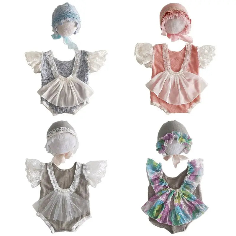 2-4Pcs Newborn Photography Props Suit Lace Romper + Hat Set 0-1Month