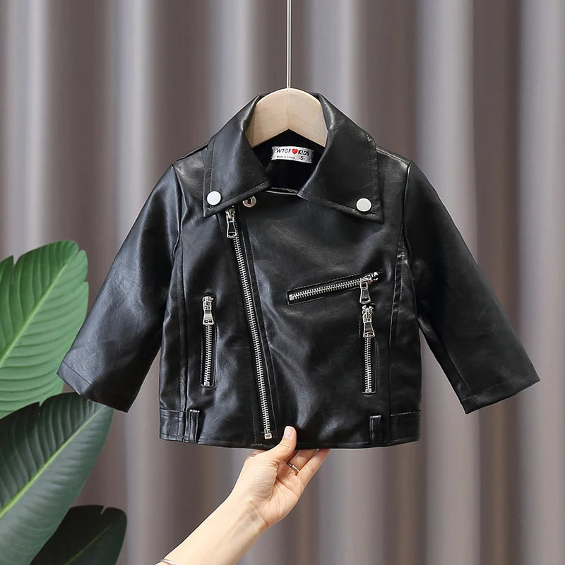 Autumn girl baby clothes kids outfits PU leather jacket outerwear