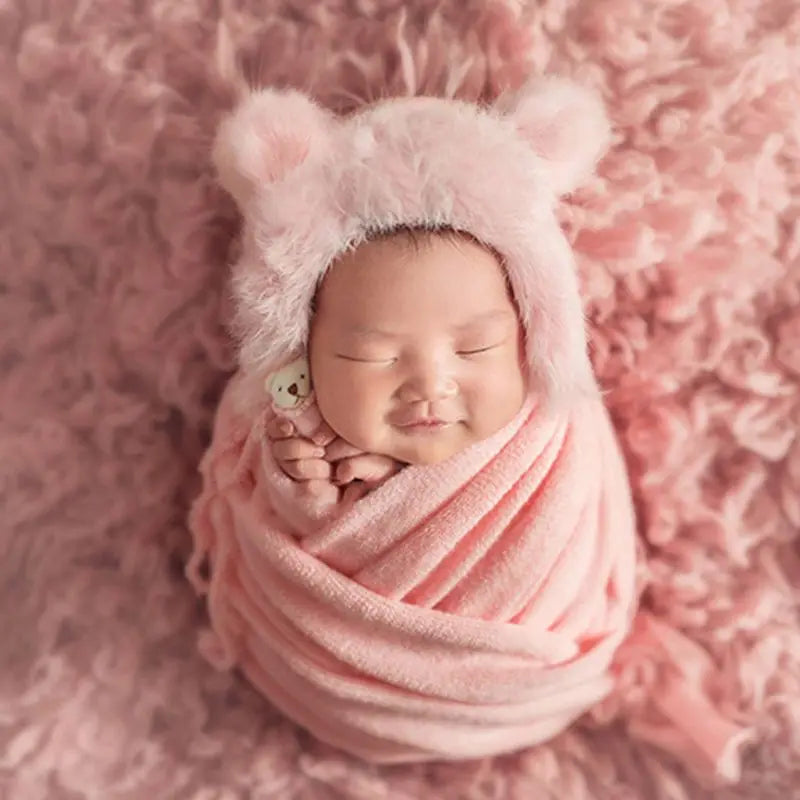 3 Pcs/set Newborn Photography Prop Fluffy Stretch Knit Wrap with Cute Rabbit Fur Hat Teddy Bear Toy Baby Blanket Costume