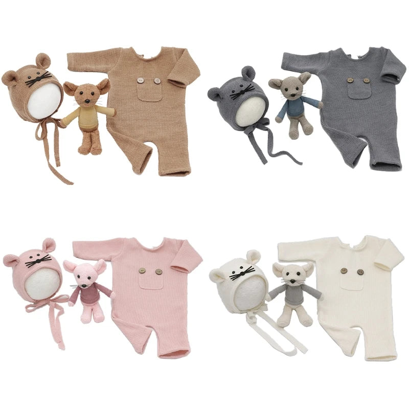 3 Pcs/Set Newborn Photography Props Suit Knitted Cotton Jumpsuit Hat Mouse Doll Infant Photo Shooting Clothes Outfits