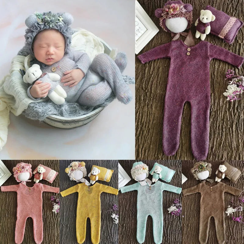 Newborn Jumpsuit Hat Pillow Set With Cute Bear Shooting Outfits 4 Pcs/Set