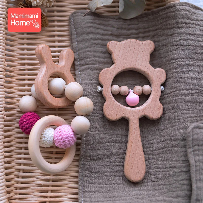 1Set Baby Toys Music Rattle Wood Crochet Bead Bracelet Wooden Newborn Gift