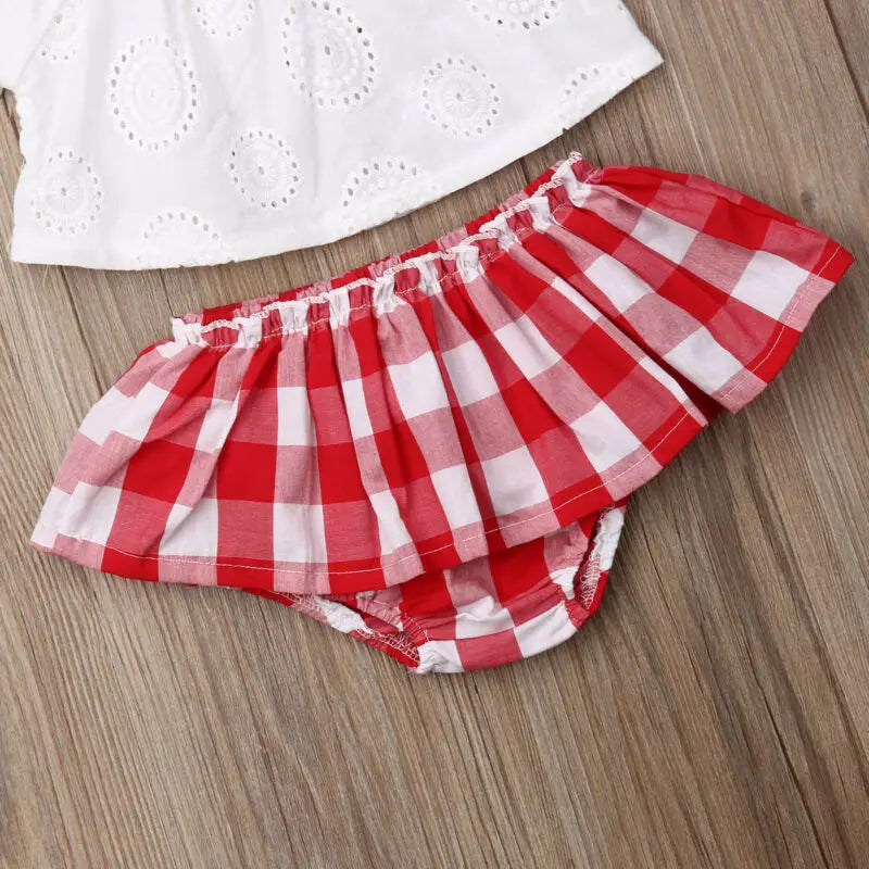 3Pcs Set 0-24M Summer Off Shoulder Tops+ Red Dress Headband Outfit