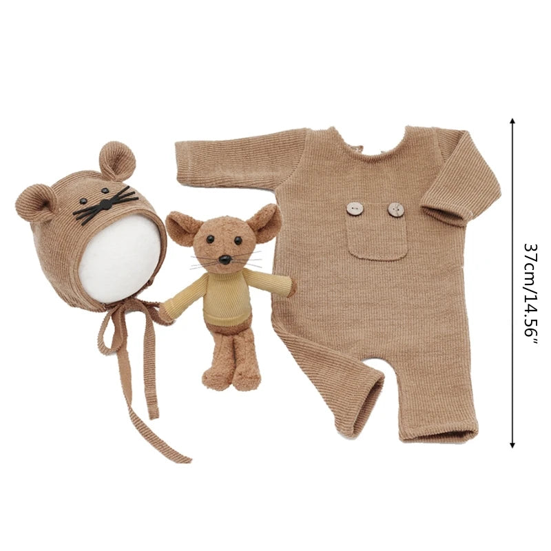 3 Pcs/Set Newborn Photography Props Suit Knitted Cotton Jumpsuit Hat Mouse Doll Infant Photo Shooting Clothes Outfits