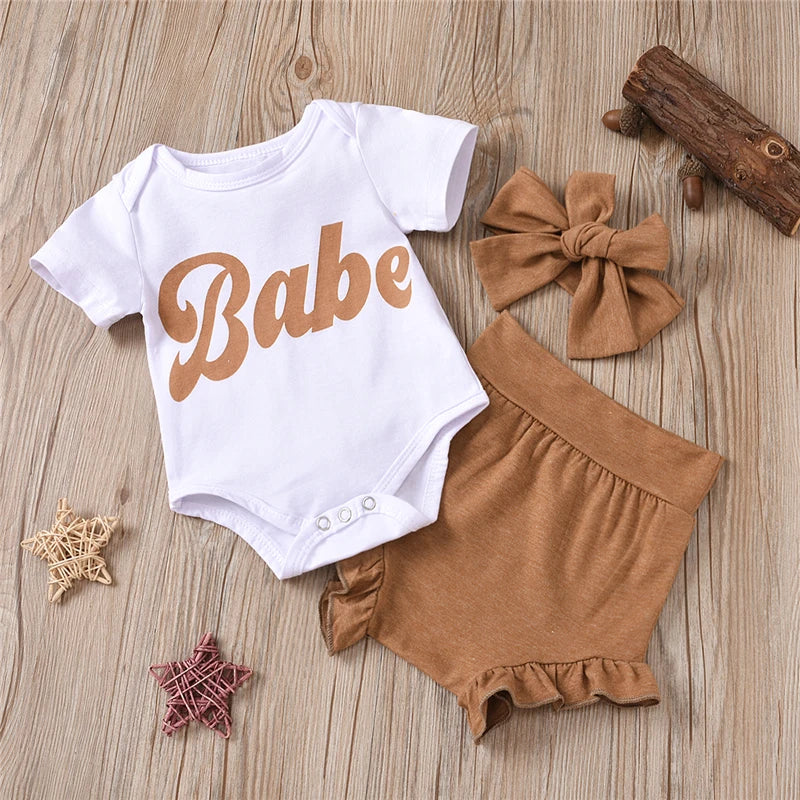 2022 Summer Newborn Baby Girls Clothes Baby Letter Bodysuit Top+PP Shorts+headband Outfits Set Roupa 3-18 Months Clothing