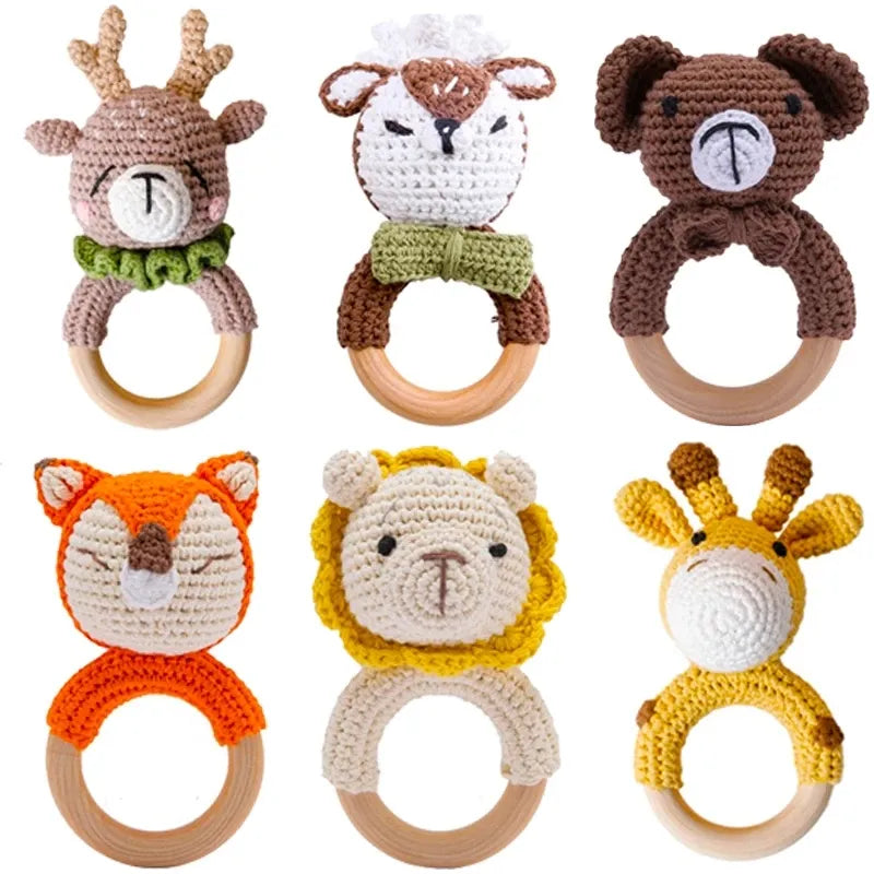 1PC Baby Ratter Toys Wooden Teether Crochet Animals BPA Free Rattle Toy Newborn Amigurumi Teether Baby Rattles Gifts For Newborn