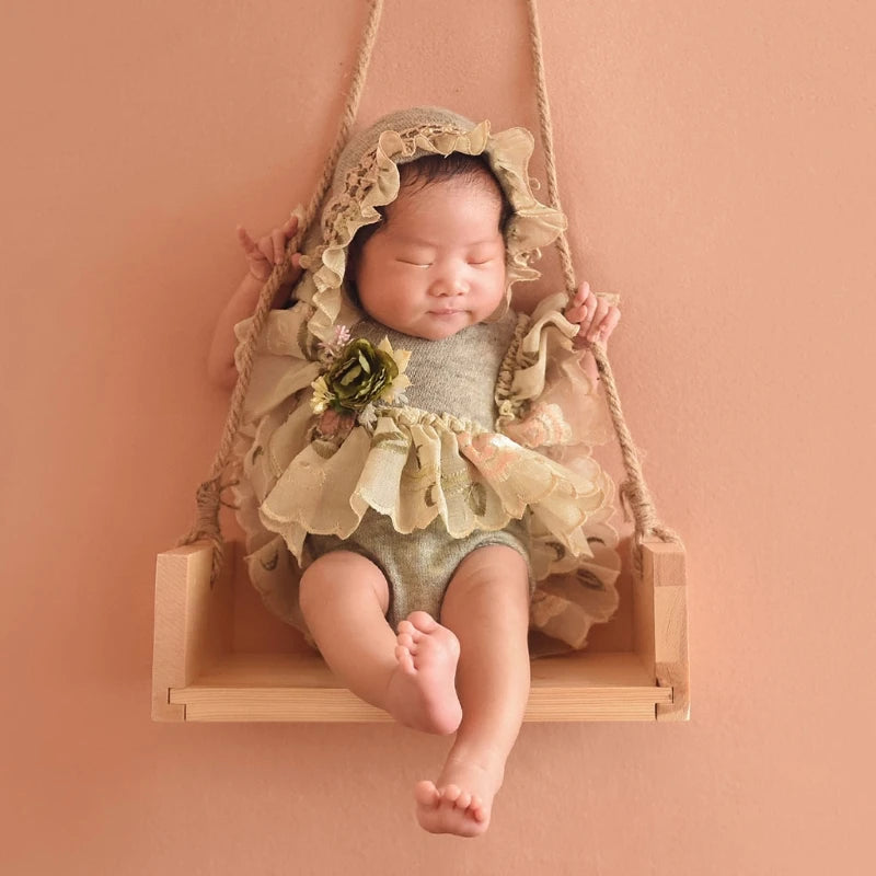 Newborn Photography Props Wooden Swing with Flower Vine