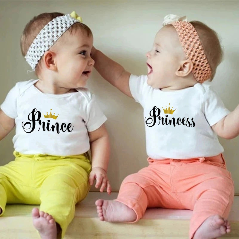 Prince Princess Printed Newborn Twins Bodysuits Cotton Outfits