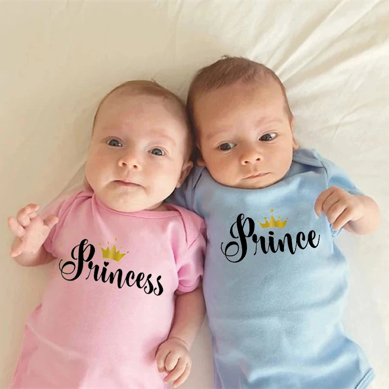 Prince Princess Printed Newborn Twins Bodysuits Cotton Outfits