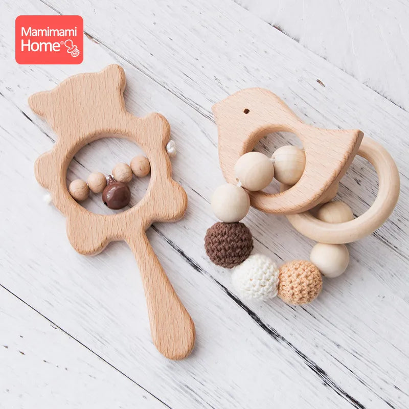 1Set Baby Toys Music Rattle Wood Crochet Bead Bracelet Wooden Newborn Gift