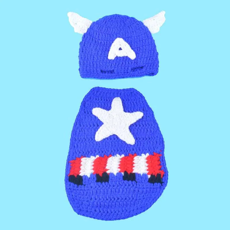 Captain America Newborn Photo Prop Outfit Knitted Baby Hat with Cape