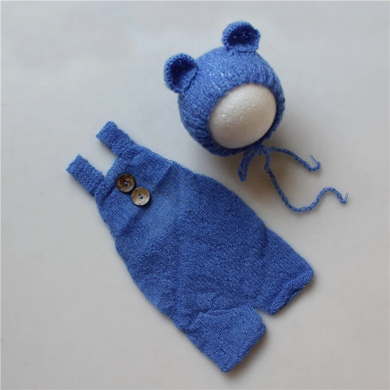 Newborn Baby Infant Cute Bear Hat and Overalls Set Soft Mohair