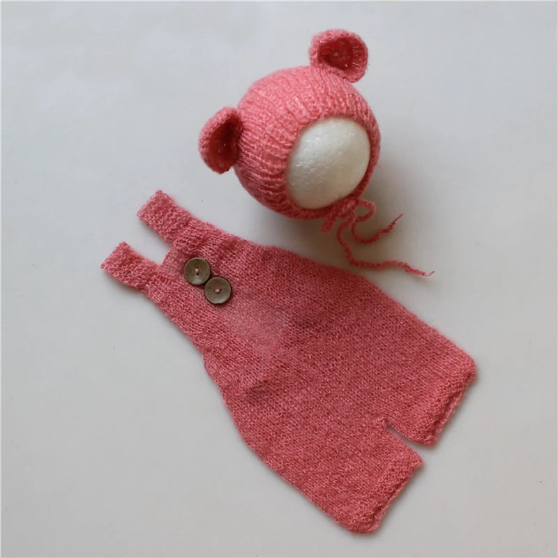 Newborn Baby Infant Cute Bear Hat and Overalls Set Soft Mohair