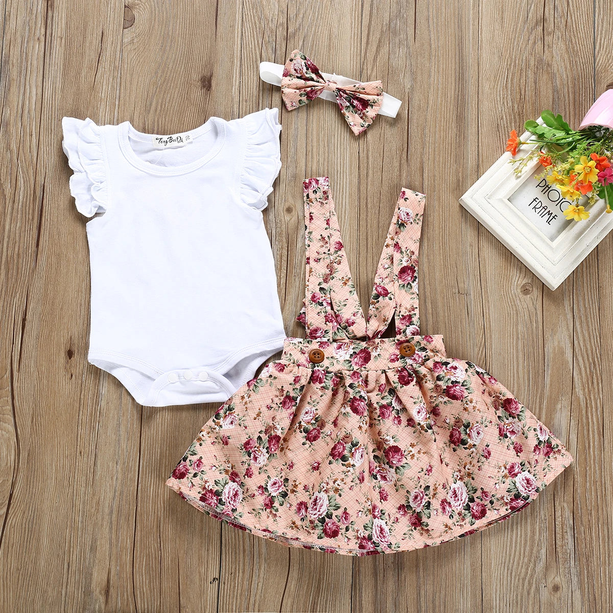 2024 Summer Newborn Baby Girl Floral Dress Overalls Headband Outfit