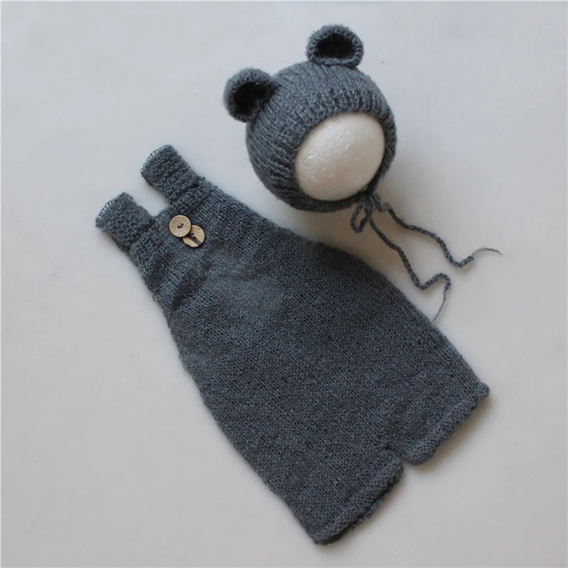 Newborn Baby Infant Cute Bear Hat and Overalls Set Soft Mohair