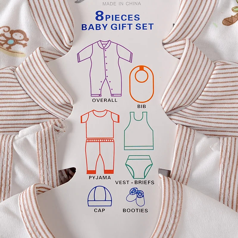 8Piece Newborn Baby Clothes Cotton Rompers+T-shirt+Pants+Hat Set