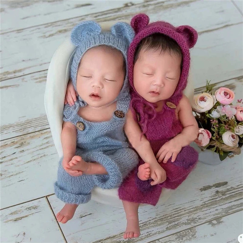 Newborn Baby Infant Cute Bear Hat and Overalls Set Soft Mohair
