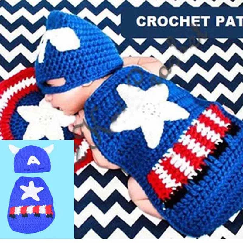 Captain America Newborn Photo Prop Outfit Knitted Baby Hat with Cape