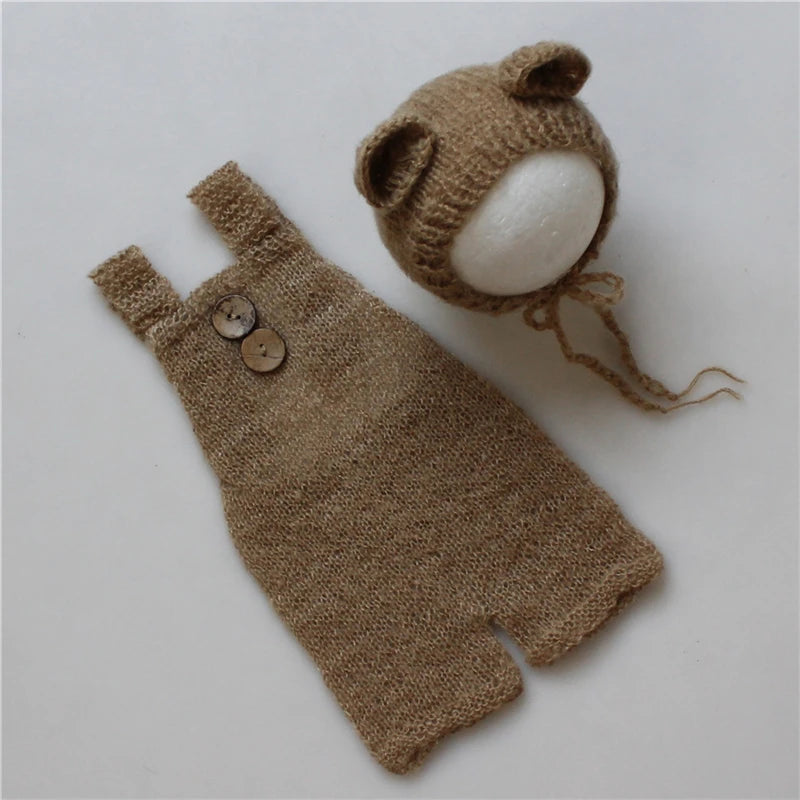 Newborn Baby Infant Cute Bear Hat and Overalls Set Soft Mohair