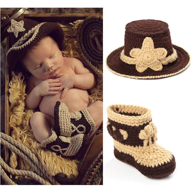 Crochet Baby Cowboy Handmade Knitted Hat and Boots Set