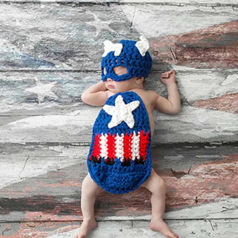 Captain America Newborn Photo Prop Outfit Knitted Baby Hat with Cape