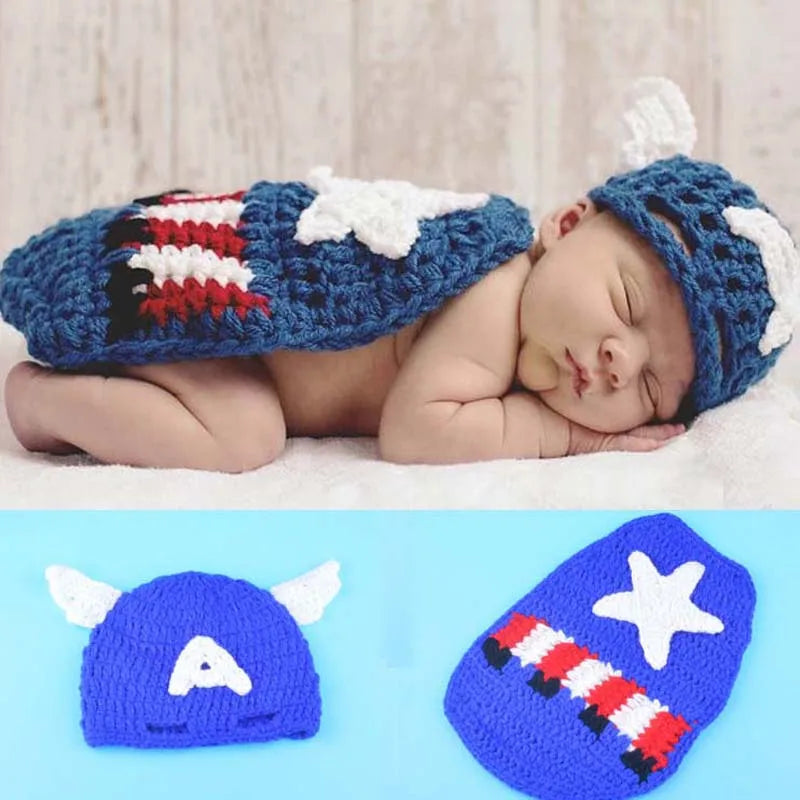 Captain America Newborn Photo Prop Outfit Knitted Baby Hat with Cape