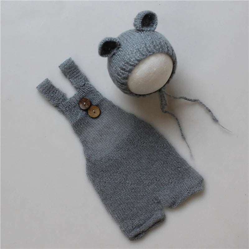 Newborn Baby Infant Cute Bear Hat and Overalls Set Soft Mohair