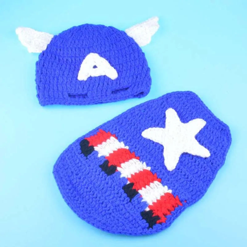 Captain America Newborn Photo Prop Outfit Knitted Baby Hat with Cape
