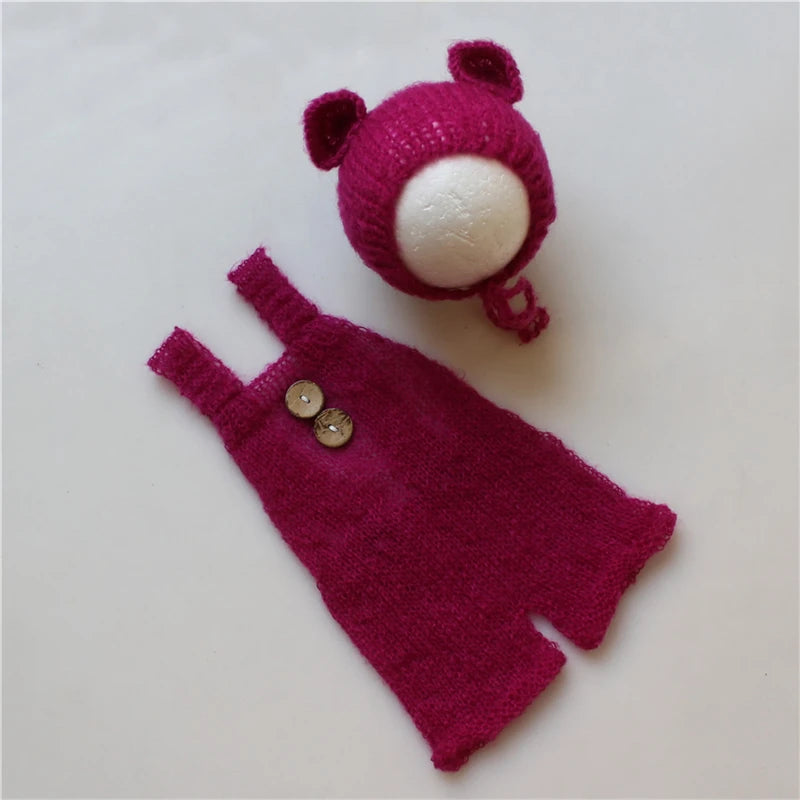 Newborn Baby Infant Cute Bear Hat and Overalls Set Soft Mohair