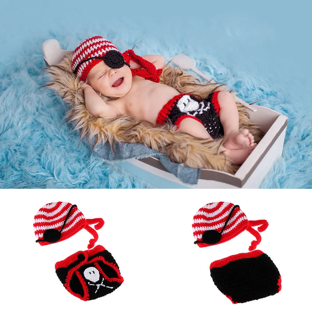 Pirate Newborn Baby Crochet Knit Handmade Hat Diaper Cover Outfits